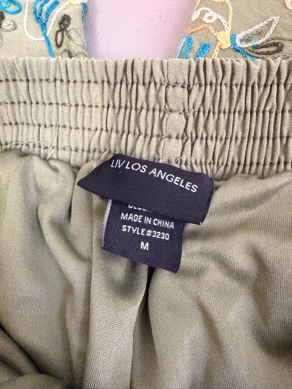 Liv Los Angeles Embroidered Wide Leg Pull On Pants Size Medium Olive Green Boho - Picture 7 of 11